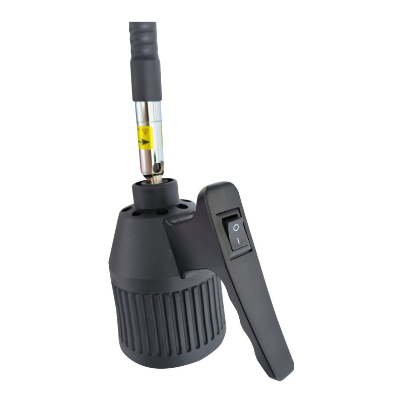 Detalle del interruptor y mango del cabezal de la lámpara LED Minston KS-Q3D negra.