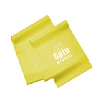 Banda elástica Spin Medical 1,5 m color amarilla con logo, resistencia suave para kinesiología y fortalecimiento.