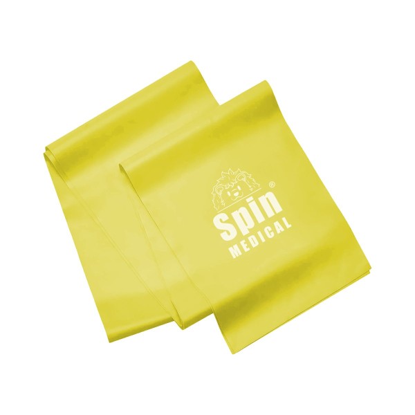 Banda elástica Spin Medical 1,5 m color amarilla con logo, resistencia suave para kinesiología y fortalecimiento.