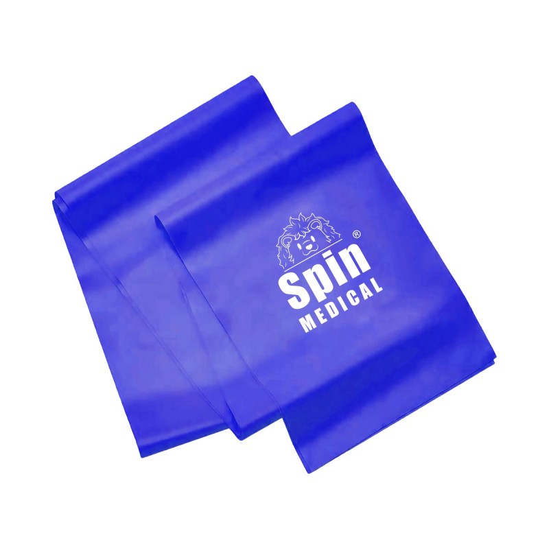 Banda elástica Spin Medical 1,5 m color azul con logo, resistencia extra fuerte para kinesiología y fortalecimiento.
