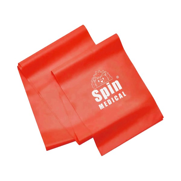 Banda elástica Spin Medical 1,5 m color roja con logo, resistencia media para kinesiología, rehabilitación y fortalecimiento.