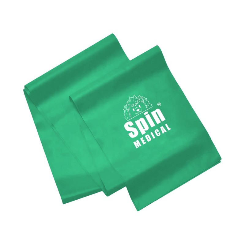 Banda elástica Spin Medical 1,5 m color verde con logo, resistencia fuerte para kinesiología y fortalecimiento