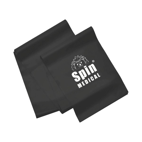 Banda elástica Spin Medical 1,5 m color negra con logo, resistencia muy fuerte para kinesiología y fortalecimiento.