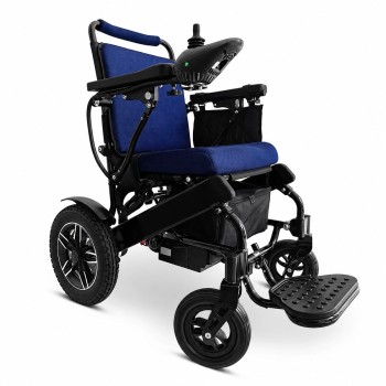 Silla de ruedas eléctrica plegable TheraRider Plus TheraMart TM2501 con estructura negra, asiento azul y control joystick
