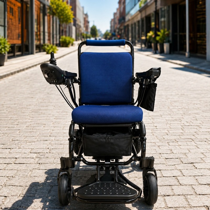 Silla de ruedas eléctrica TheraRider Plus TheraMart TM2501 en vista frontal para movilidad diaria en exteriores