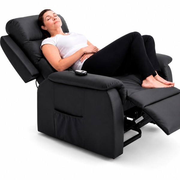Sillón berger reclinable eléctrico TheraLift TM3004 en posición semicama, con apoyapiés acolchado para mayor confort.