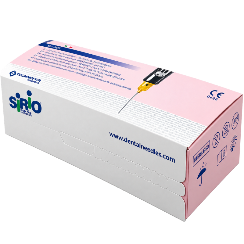 Caja de agujas dentales Sirio Italy para anestesia odontológica vista lateral