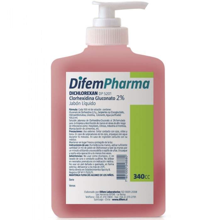 adyacente Juicio social Jabón líquido antibacterial Dichlorexan con clorhexidina gluconato 2%.